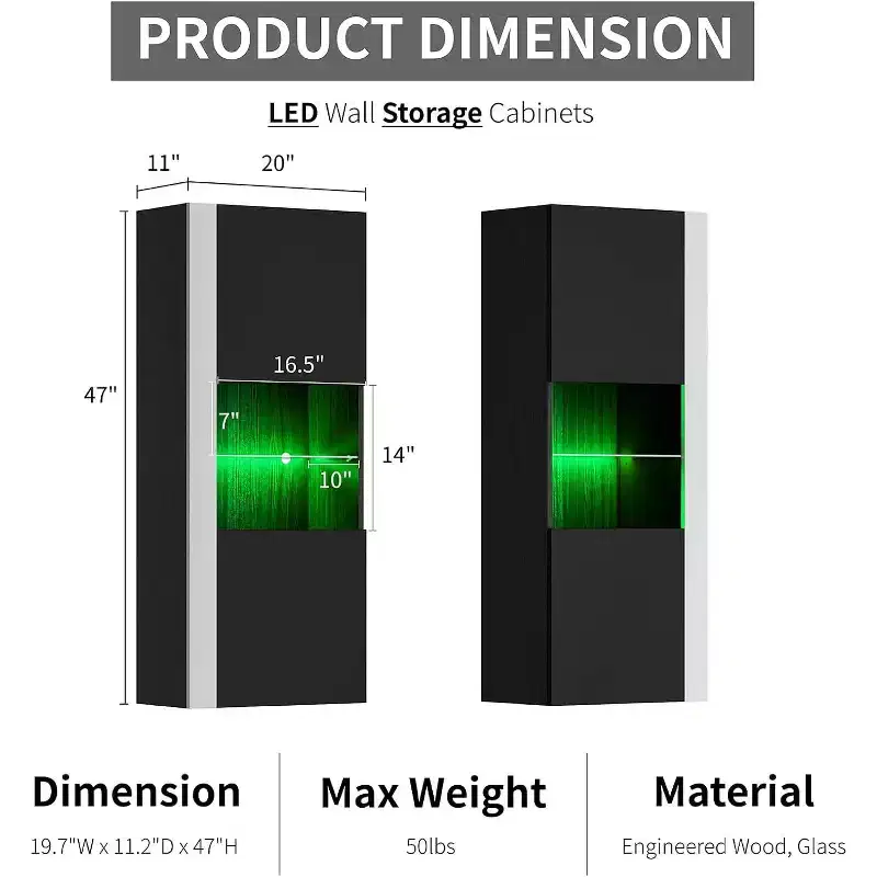 AMERLIFE Wall Storage Cabinets with LED Lights, Modern Hanging Cabinets for Living Room/Bedroom, Set of 2