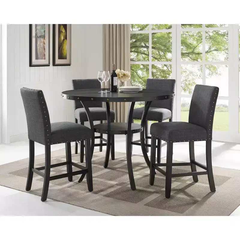 Biony Espresso Wood Counter Height Dining Set with Grey Fabric Nailhead Stools