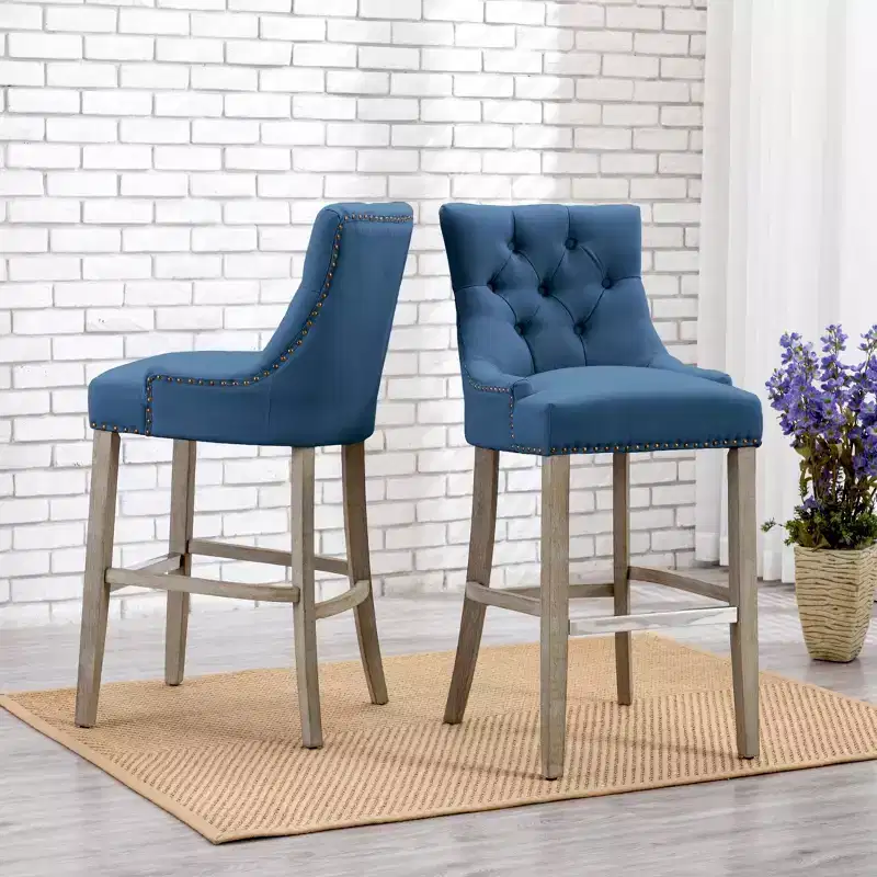 29 Linen Tufted Buttons Upholstered Wingback Bar Stool (Set of 2), Tea