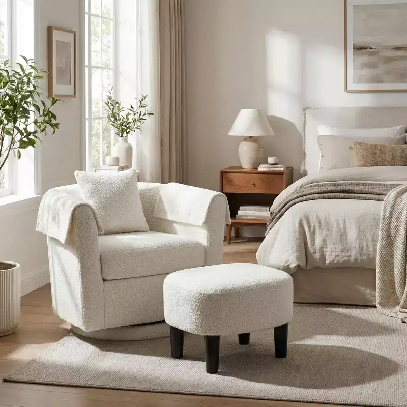 FurnitureR Swivel Accent Chair with Ottoman Set, Upholstered Lounge Chair and Footrest, Modern Cozy Armchair for Living Room, Bedroom, Reading Corner