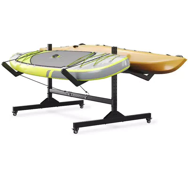 2 Kayak Storage Rack with Wheels, Freestanding Steel Kayak Rack with Adjustable Width & Hanging Straps