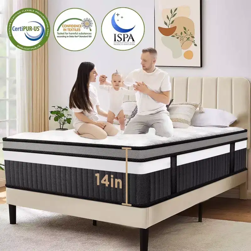 14 Queen Hybrid Mattress in a Box with Gel Memory Foam, Medium Feel, Pressure Relief, Skin Friendly, Motion Isolation, CertiPUR-US Certified
