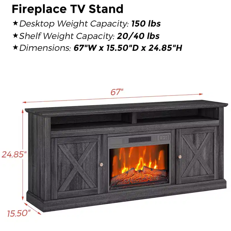 CuisinSmart 67in Farmhouse TV Stand with 23in Electric Fireplace Heater, Black Media Console with 2 Cabinets & Open Shelves for Living Room