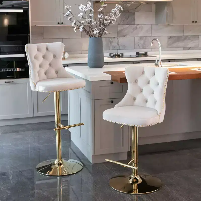 2-Piece 25-33 Inch Height-Adjustable Swivel Velvet Bar Stools Black Modern Upholstered Bar Stools with Gold Chair Legs