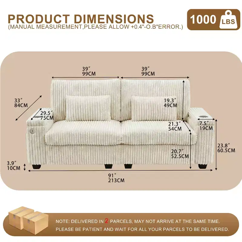 Vipbear 91-inch modern-style double-seater sofa with charging cup holder and armrest storage, in wide corduroy