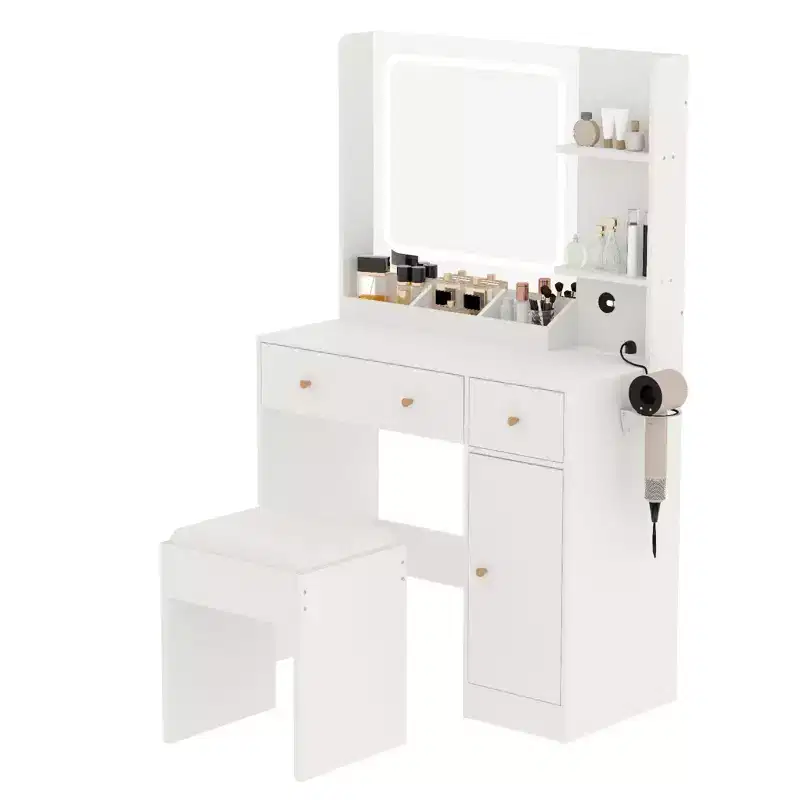 Vanity Desk with Mirror and Lights, Power Outlet, Makeup Vanity Table with Stool, 3 Lighting Modes,Adjustable Brightness, Dressing Table