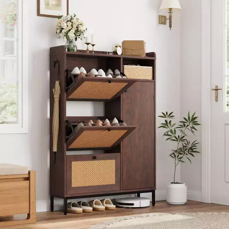 Entryway Rattan Shoe Cabinet with 3 Flip Drawers, 3-Tier Wood Shoe Rack Storage Cabinet with Adjustable Shelves, Freestanding Shoe Storage Organizer