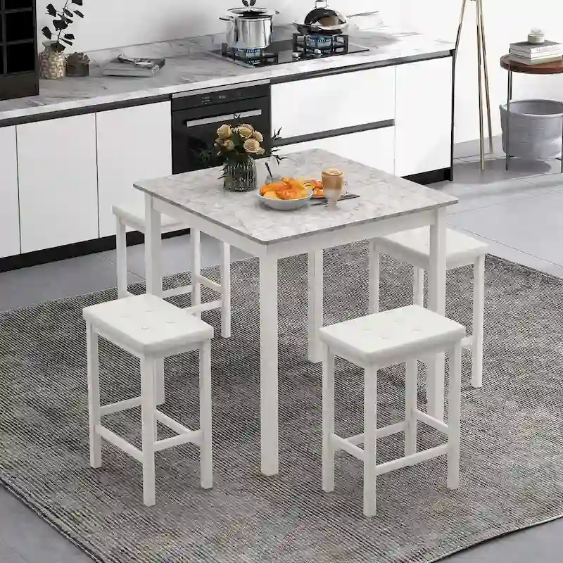 Costway 5 PCS Bar Table Set Square Dining Table & 4 PVC Leather