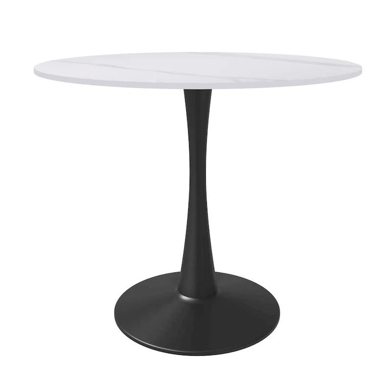 35in Round Dining Table with Sintered Stone Tabletop, Black Steel Pedestal Base, Scratch-Resistant