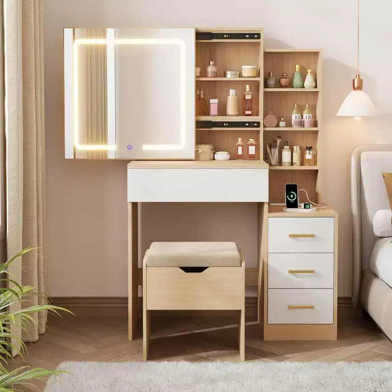 Vanity Desk with Mirror and Lights, Modern Makeup Vanity Table, Vanity Table and Chair Set with 4 Drawers and 7 Storage Shelves, Adjustable Brightness