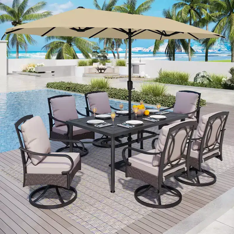 Captiva Designs 8pc Outdoor Patio Rectangle Steel Dining Table & Rattan Swivel Chairs & Beige Umbrella