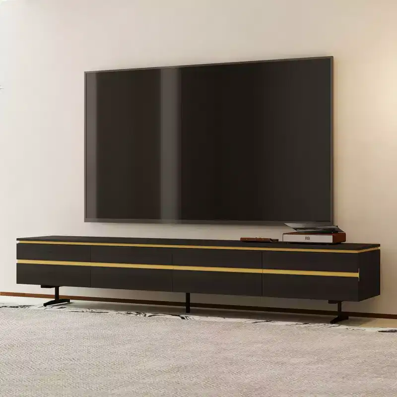 86.61'' Modern Black TV Stand & Media Console with Hidden Storage Drawers, Enclosed Cabinets, Metal Legs & Cable Management