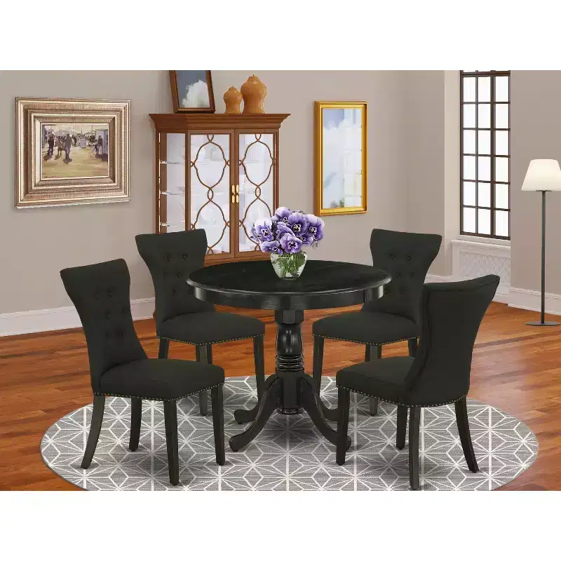 HomeStock Round Dining Set Linen Parsons Chairs Black Finish 36 Inch