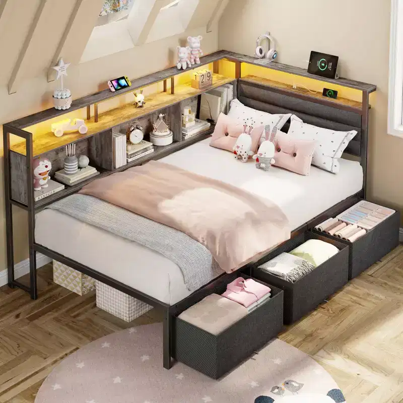 Twin Size Corner Daybed with 3 Storage Drawers, Bookcase, LED Lights, Charging Station and Upholstered Headboard, Gray