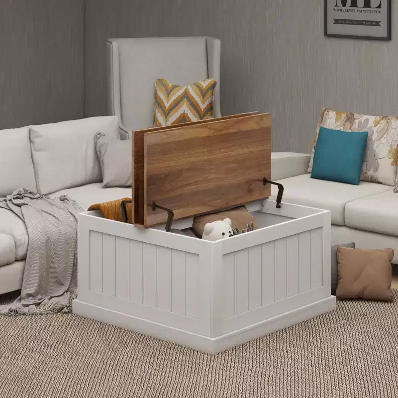 JVNOXK 31.5-inch Farmhouse-Style Wood Coffee Table with Square Hinged Lift-Top and Storage Compartment, Suitable for Living Rooms, White