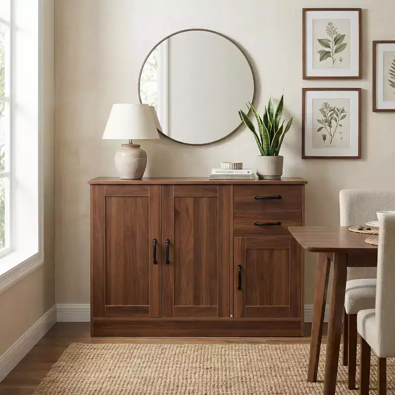 43 Inch Modern Wood Buffet Sideboard, 3 Doors & 2 Drawers, Adjustable Shelves, Natural