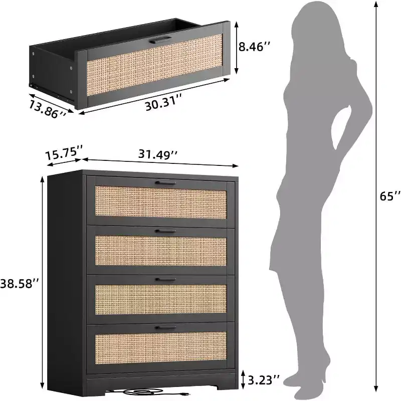 MDF & Rattan 4-Drawer Dresser with Solid Wood Legs