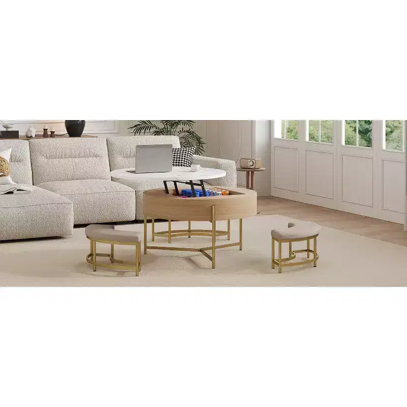 Okak Round 2-Tier Lift-Top CoffeeTable with Storage & 3 Ottoman, Mid Century Center Tables for Living Room Small Space