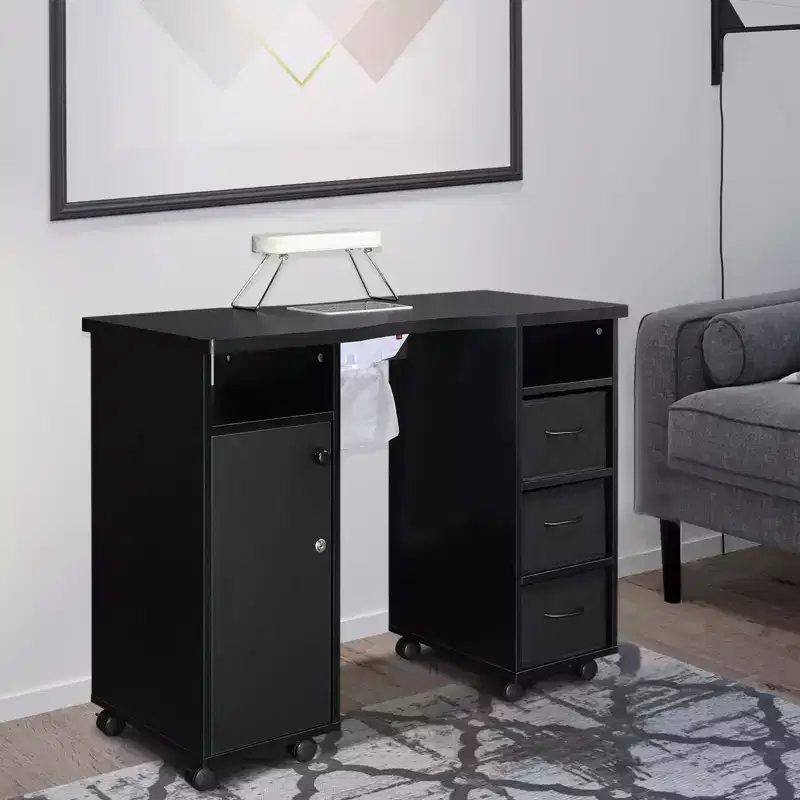Karlhome Black Manicure Table Nail Desk for Nail Tech with Dust Collector, Wrist Cushion, Storage Cabinet and Drawers