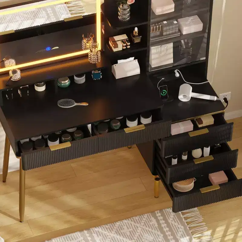 Fluted Makeup Vanity Desk with 30 Mirror, 5 drawers, and adjustable brightness, suitable for the bedroom.