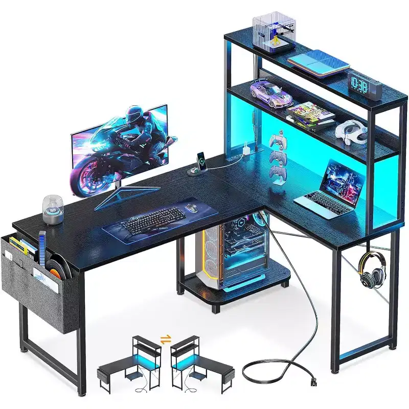 BALHAM TRADE-Gaming Desk with Power Outlets LED Lights 43 Inch Reversible with Shelves Storage Bag