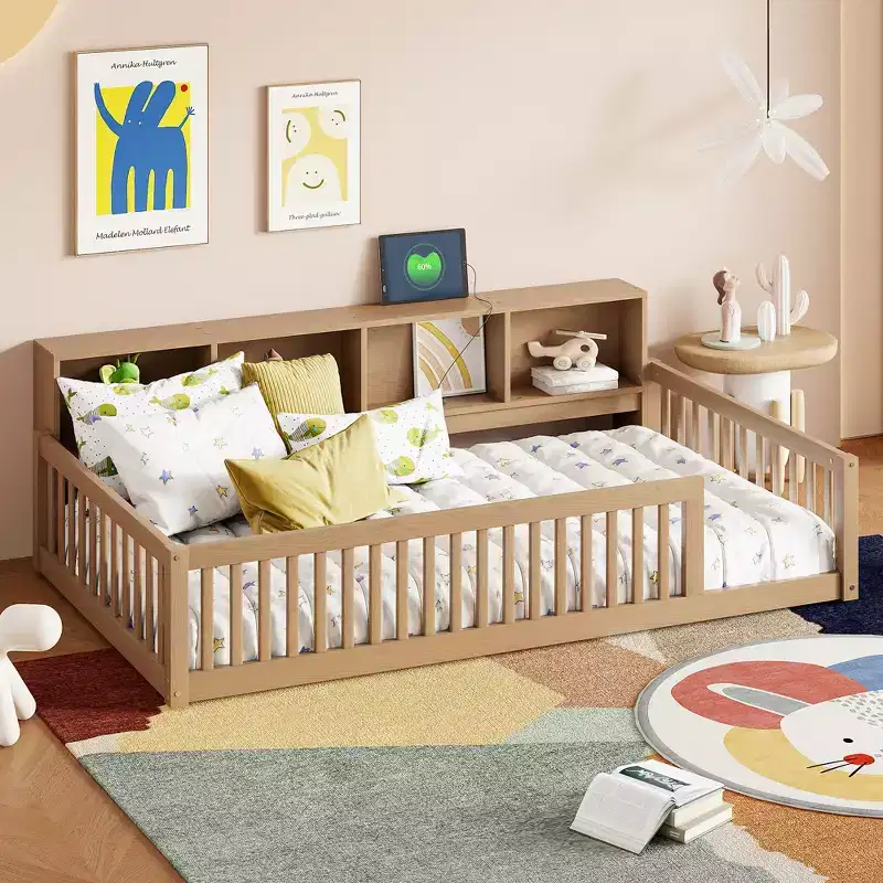 Twin XL Montessori Floor Bed with Storage Cabinets & USB Charging Ports, Pine Wood
