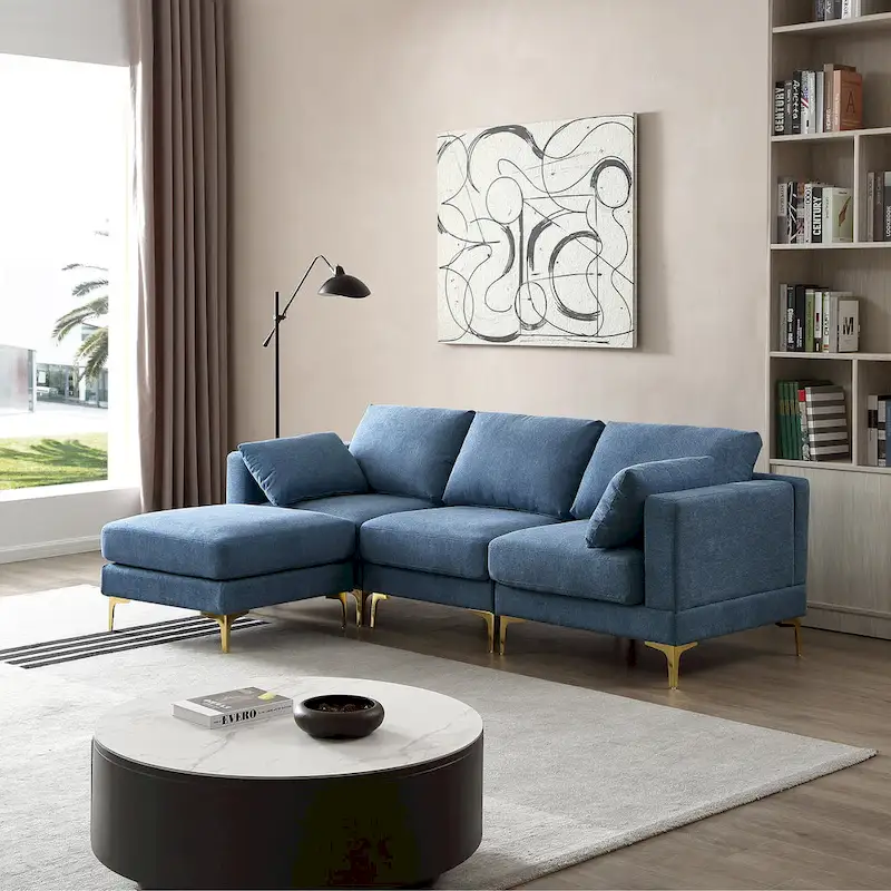 Christopher Knight Home - Beige L-Shape Sectional Sofa with Gold Metal Legs and Ottoman