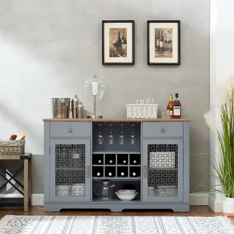 Modern Farmhouse Buffet Cabinet with 2 Drawers and Elegant Glass Door