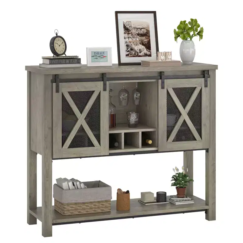 YESFASHION Farmhouse Sideboard Cabinet with Storage, Coffee Bar Table with Sliding Barn Metal Mesh Door, Kitchen Storage Sideboard with Bottom Shelf