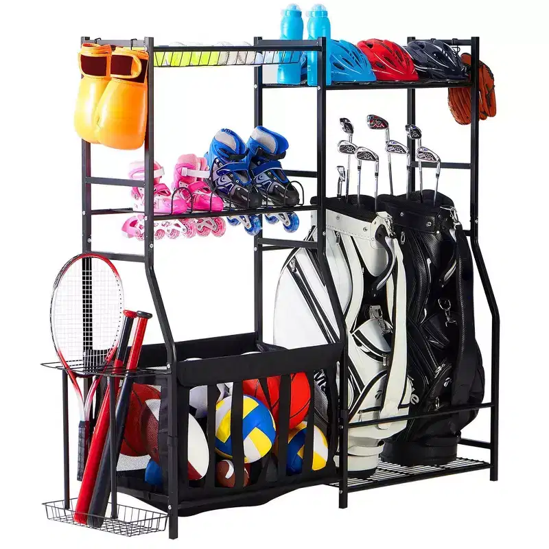 LUGO Garage Sports Equipment Organizer with Baskets & Hooks: Steel Storage Shelves, Open Shelves, Black, 5 Shelves