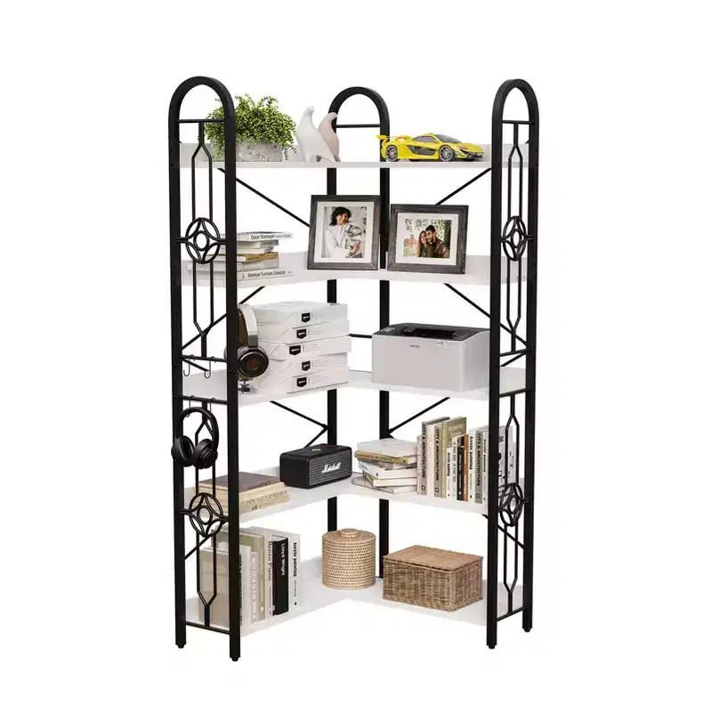 Homy Casa 5-Tier Corner Bookshelf with Metal Frame, Space-Saving Storage Rack for Living Room or Office