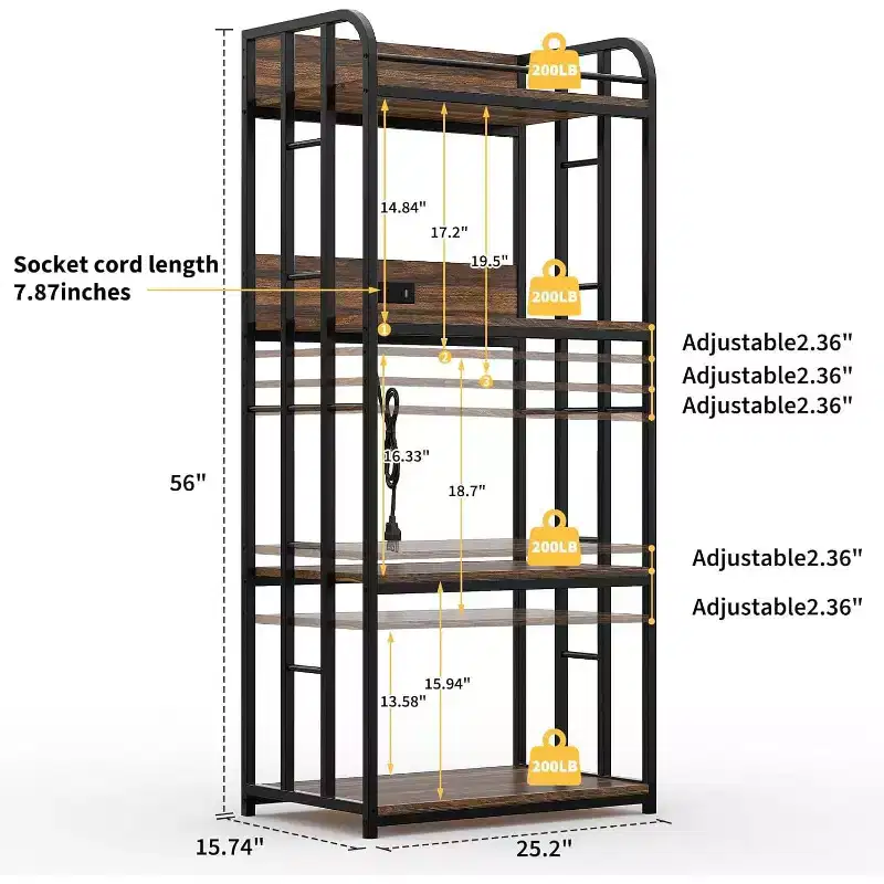 4-Tier Bakers Rack for Kitchen with Storage, Industrial Microwave Stand Shelf, Coffee Bar for Small Spaces, Free Standing Kitchen Storage Shelf Rack