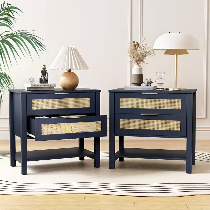 Rattan 2 Drawer Nightstand for Bedroom and Living Room