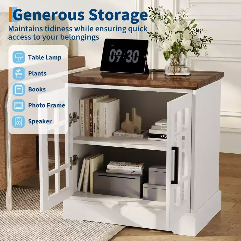 Modern White MDF End Table Nightstand with Charging Station, Adjustable Glass Door & Storage | Compact Functional Bedside Table for Bedroom