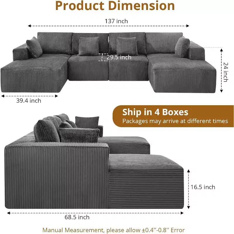 Gray Corduroy U-Shaped Sectional Sofa, 4-Seat Modular Sleeper with Chaise