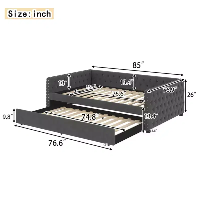 BellemaveFull daybed with Trundle, Sofa Bed Full, Day Bed with Trundle for Adults, Kids, Girls, Teens, Gray