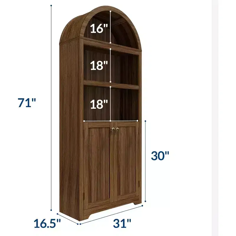 72-inch bookcase, 5-tier arched bookcase with double doors and adjustable shelves, storage function, suitable for living room, bedroom, study, office