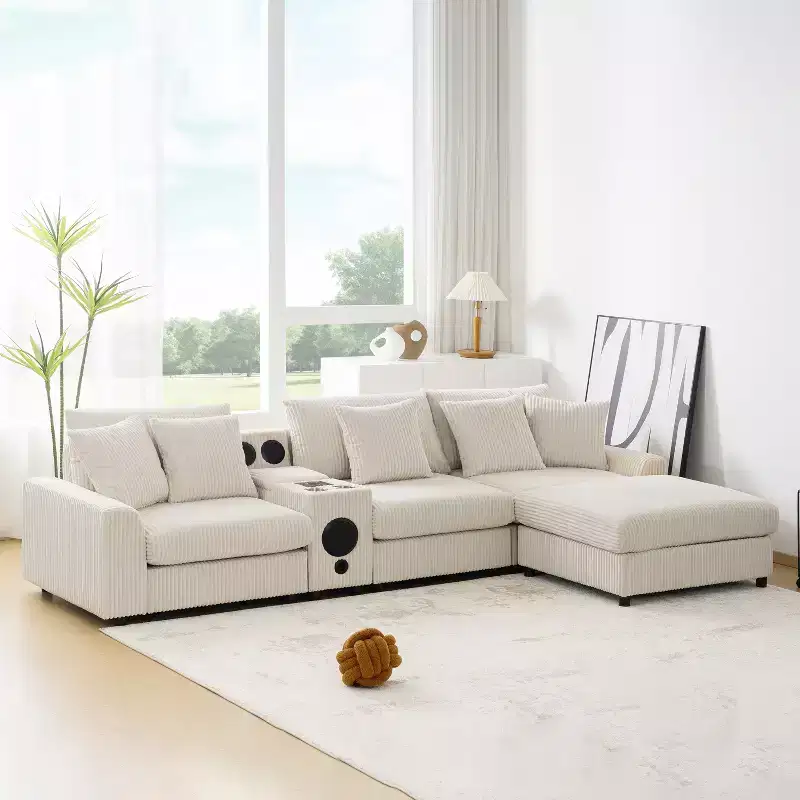Whisen 4-Seat L-Shaped Sectional Sofa, Convertible Comfy Chaise, Console, Bluetooth Speakers, USB Ports, Cup Holders