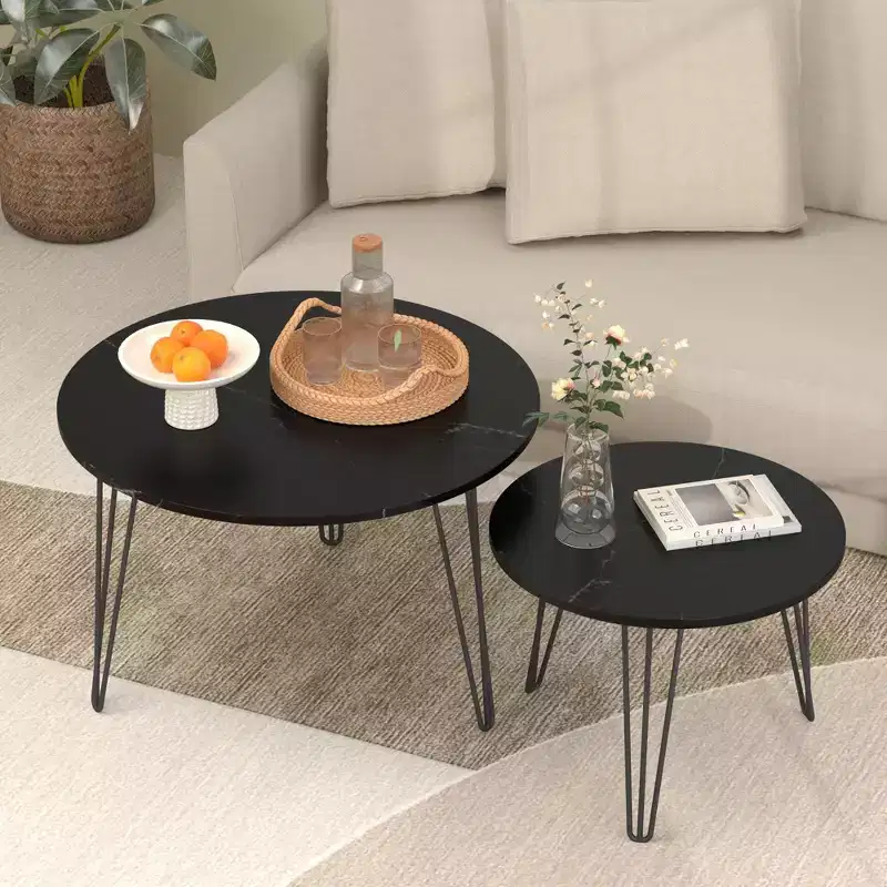Black/Brown/White Round Nesting Coffee Table Set of 2, MDF Top, Metal Frame