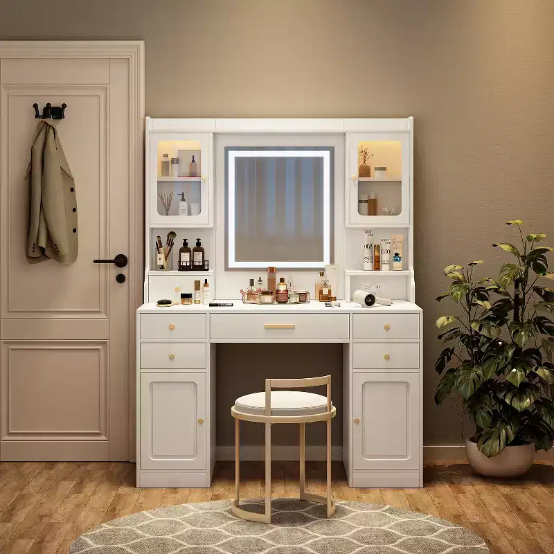 Large Vanity Dresser with Mirror, 6 Drawers & 4 Lockers, Dresser Desk