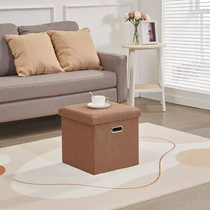Folding Storage Ottoman Bench, End of Bed Linen Fabric Foot Rest Stool with Padded Seat, Large Footstool for Bedroom or Living Room