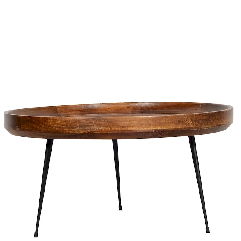 Round Mango Wood Coffee Table with Splayed Metal Legs, Brown and Black