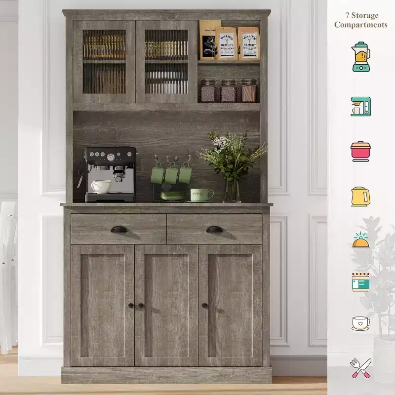 5-Door Tall Kitchen Pantry Cabinet with Microwave Stand, Modern Hutch, Rustic Grey, 71