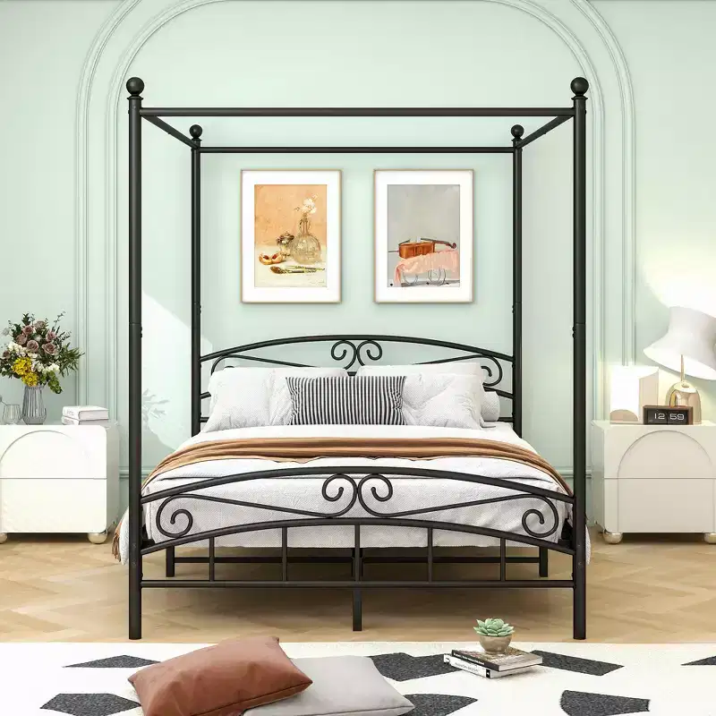 Canopy Metal Bed Frame with Vintage Headboard and 12.4 Under-Bed Storage