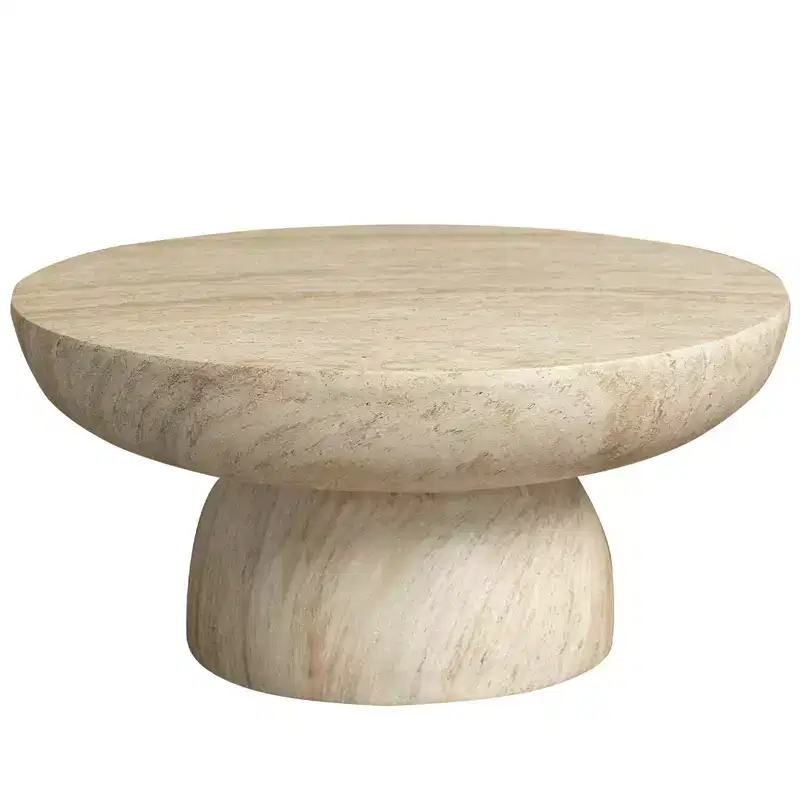 Round Fiberstone Pedestal Coffee Table, Indoor & Outdoor Sculpted Accent Table with Anti-Slip Foot Pads
