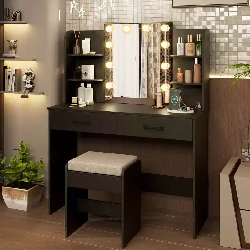 Makeup Vanity Desk with Lighted Mirror Charging Station 3-Color Dimmable LED Lights White/Black