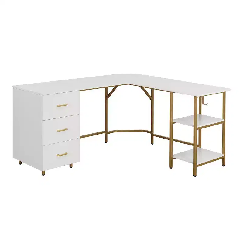 L-Shape Home Office Two-Tone Desk with Storage, Adjustable Shelves and 3 Drawers
