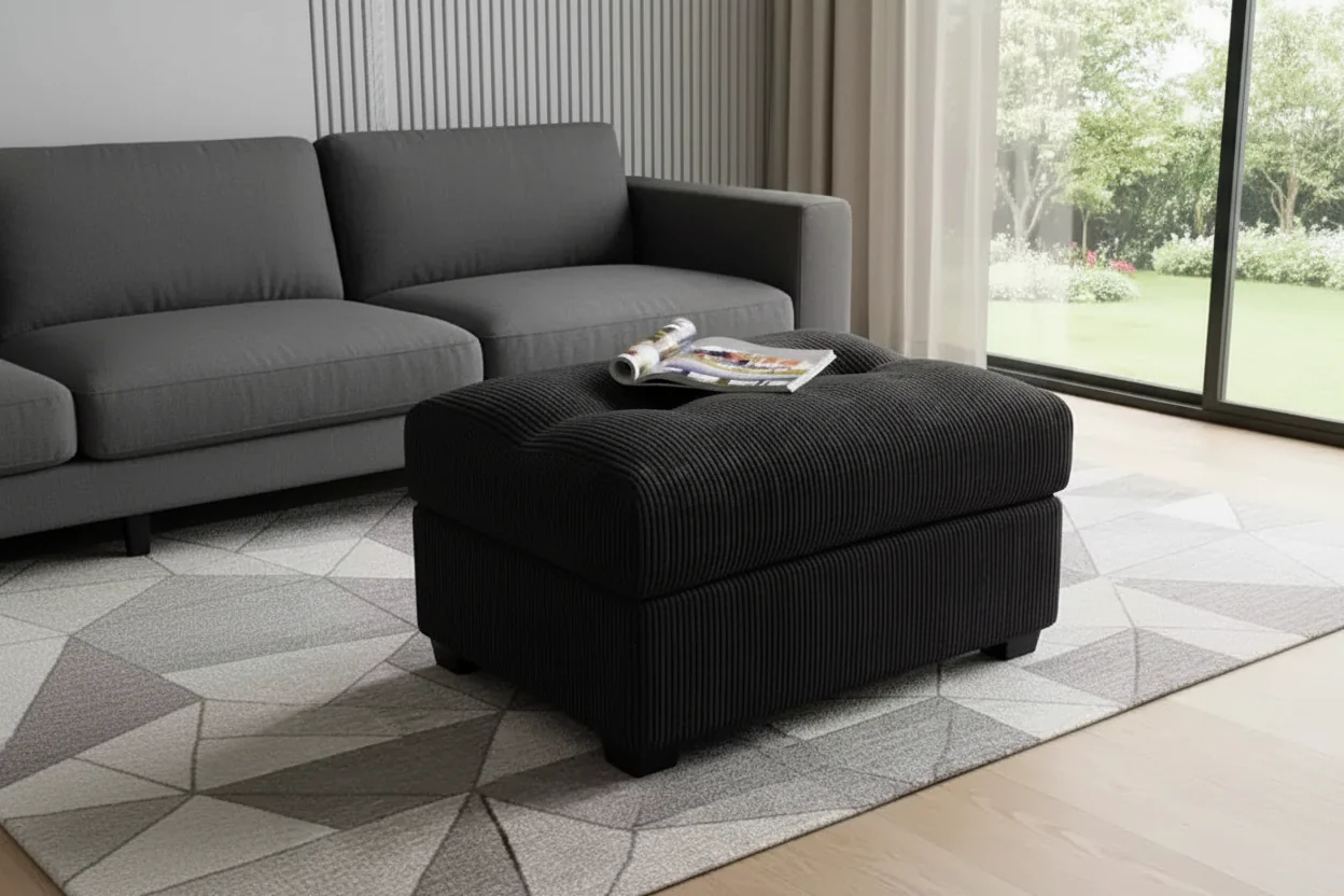 37-Inch Black Corduroy Tufted Rectangle Ottoman