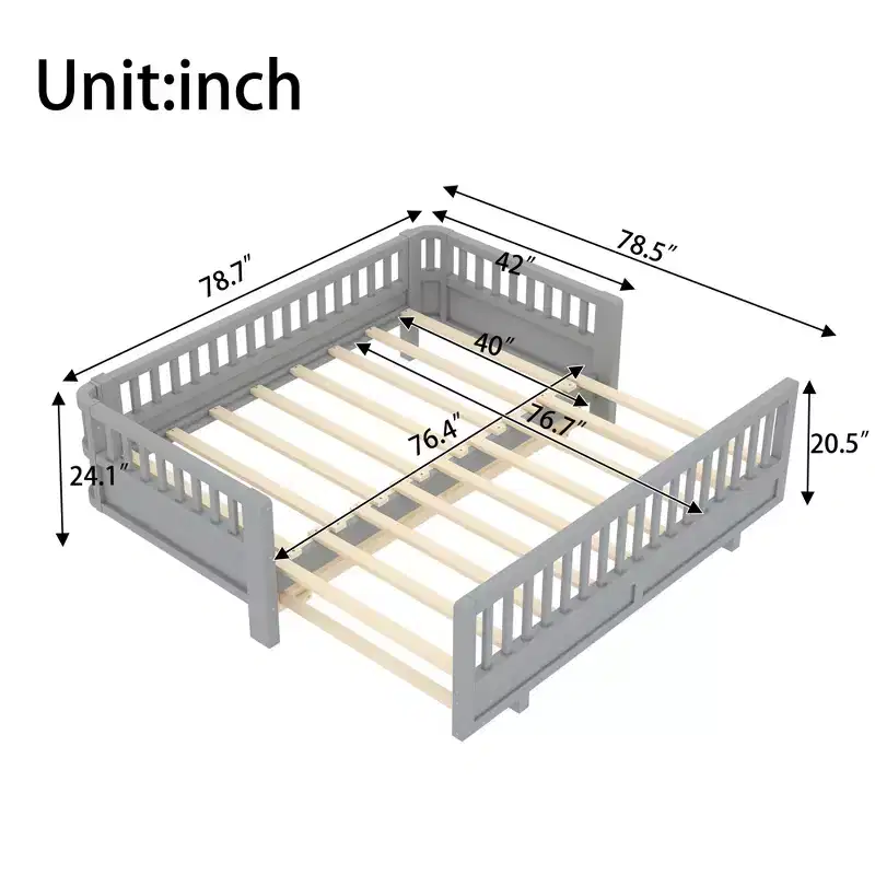 Platform Bed with Guardrails, Solid Wood Twin Bed Frame, Convertible to Double Twin