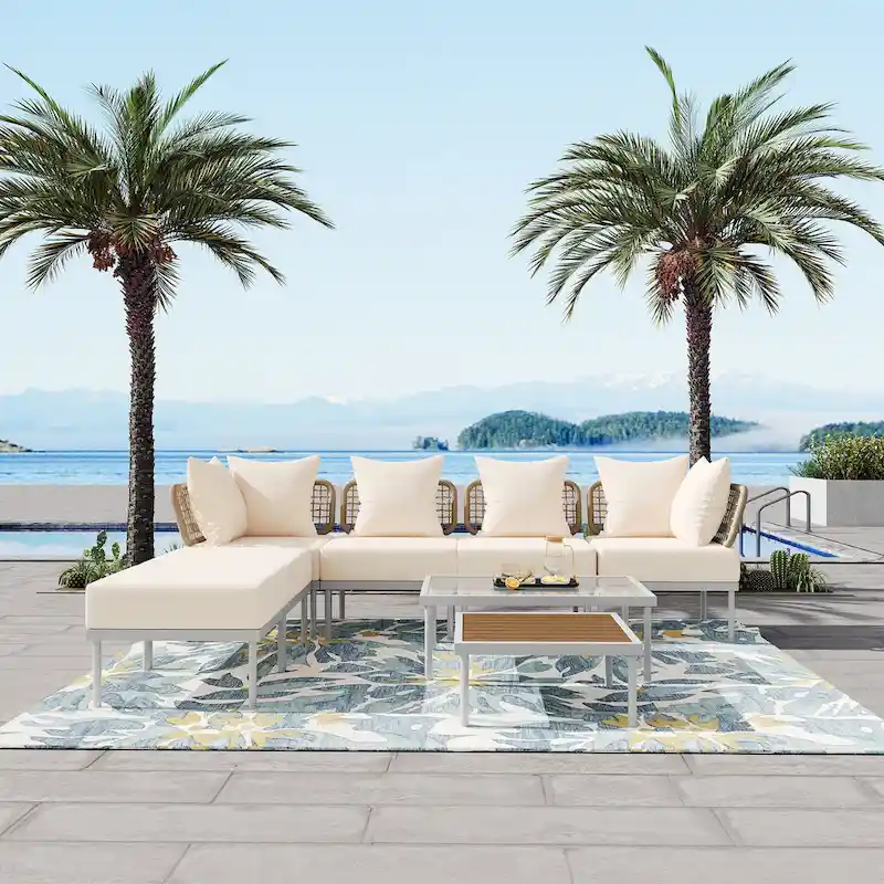 8 Pcs Wood Outdoor Furniture Set, Patio L-Shaped Sectional Sofa Set with Tempered Glass Coffee Table and Wooden Coffee Table